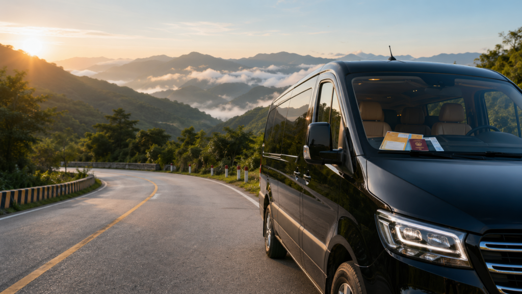 Private van on the Da Nang to Lao Bao visa run route in central Vietnam