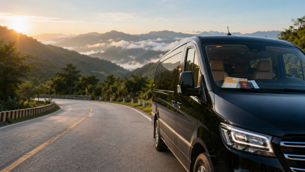 Private van on the Da Nang to Lao Bao visa run route in central Vietnam