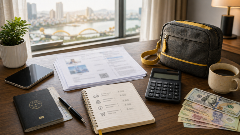 Da Nang visa run cost planning with passport cash calculator and visa documents