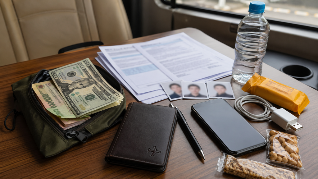 Cash documents phone charger water and snacks prepared for Lao Bao border visa run