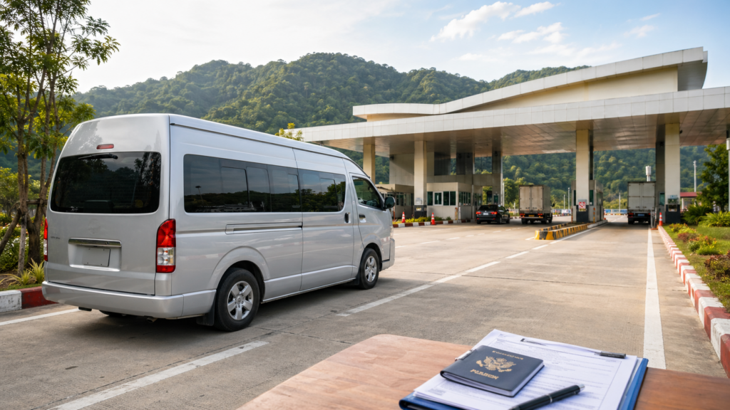 Van near a calm border checkpoint during a visa run process