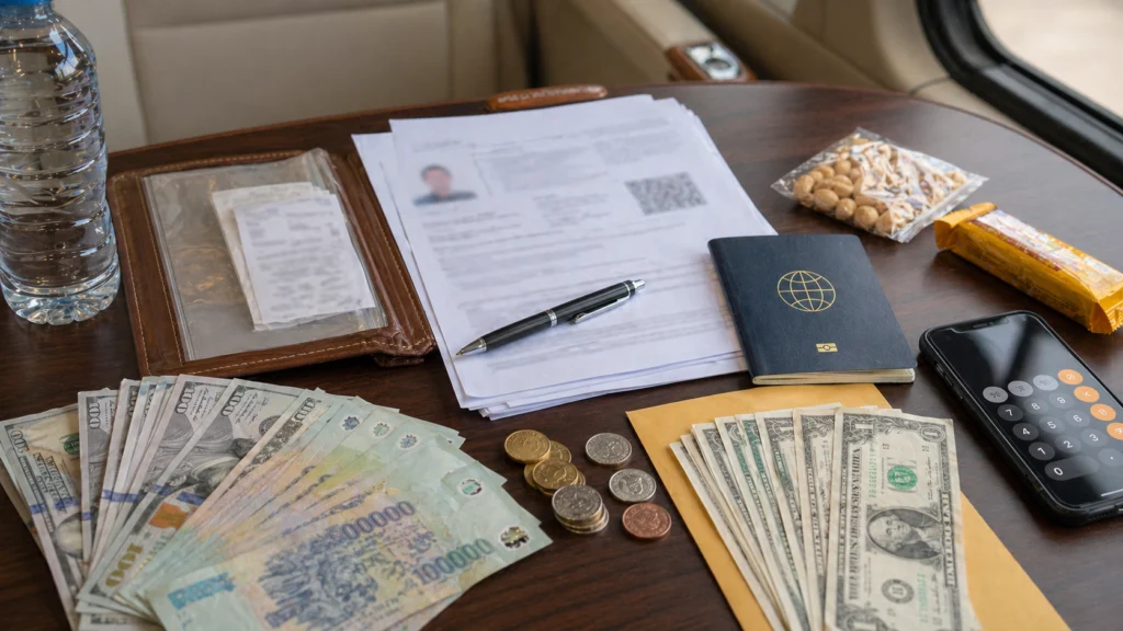 Cash and travel documents prepared for Lao Bao border visa run fees