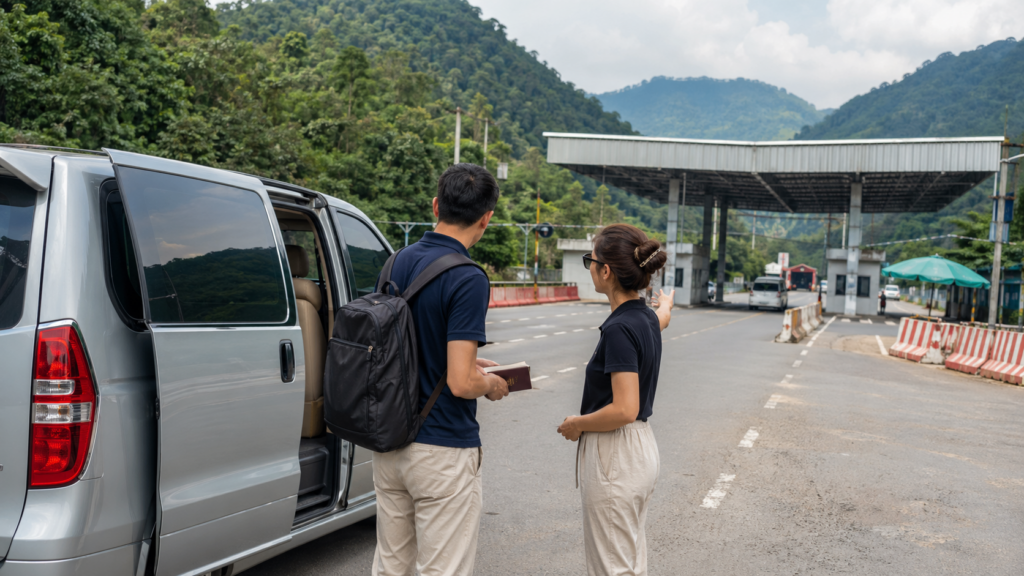 Traveler and support person near a Lao Bao border checkpoint during a visa run