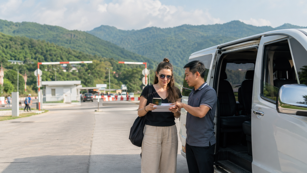Border support near a visa run checkpoint with van and travel documents