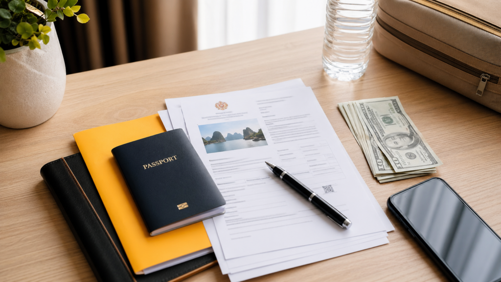 Passport e-visa papers cash and travel items prepared for a visa run