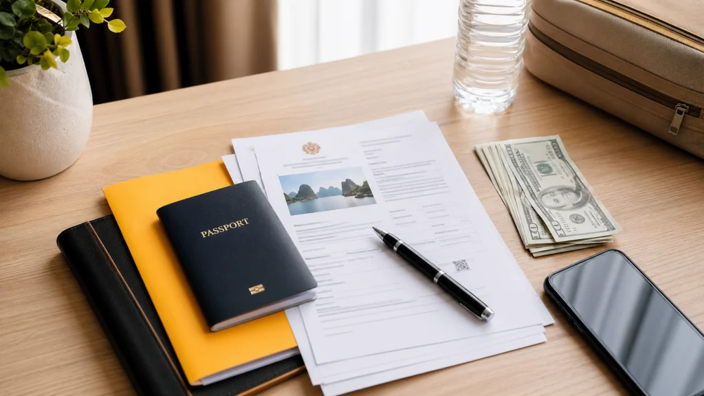Passport e-visa papers cash and travel items prepared for a visa run