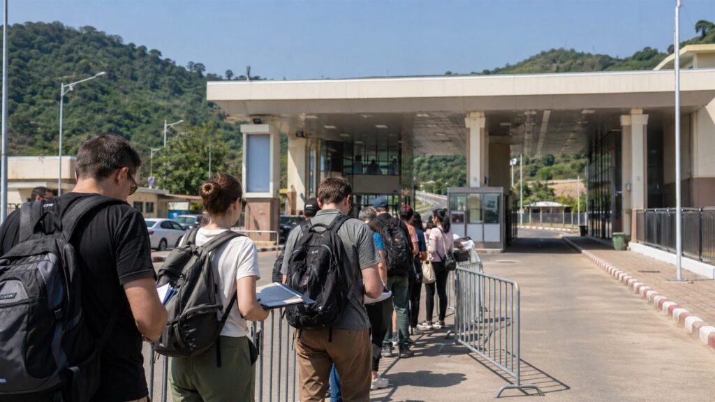 Travelers at Lao Bao border checkpoint during a Vietnam visa run
