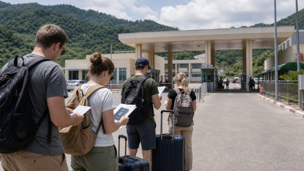 Travelers reviewing documents near Lao Bao border checkpoint