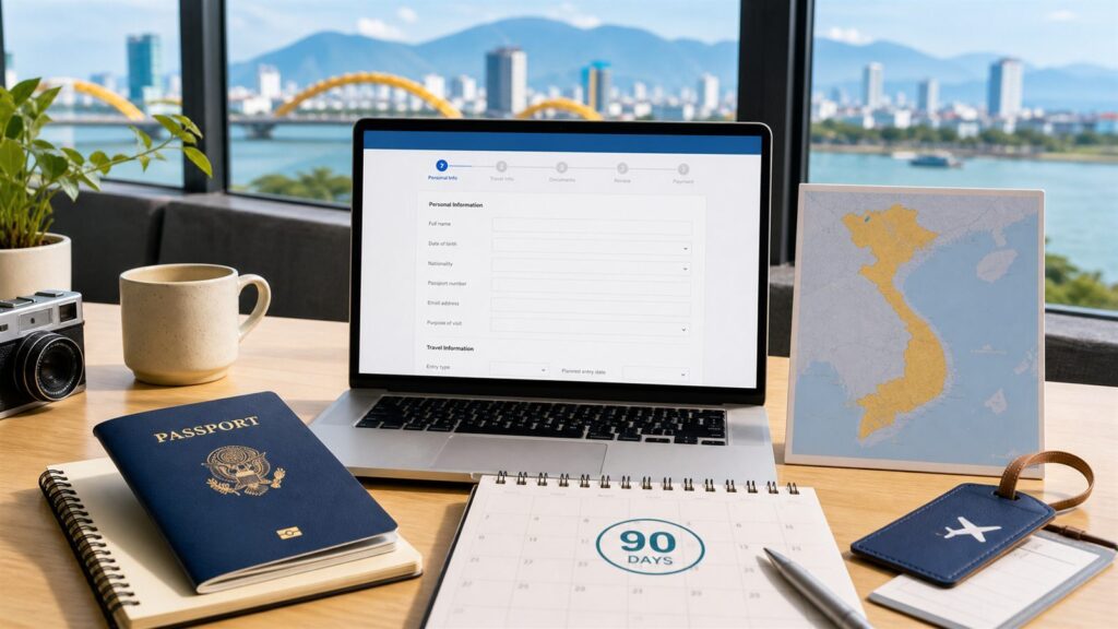 Vietnam e-visa 90 days online application with passport and travel calendar