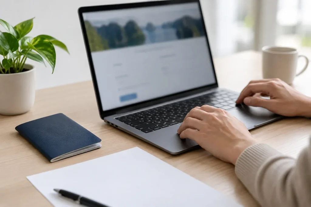 Traveller reviewing an online visa application on a laptop beside a passport